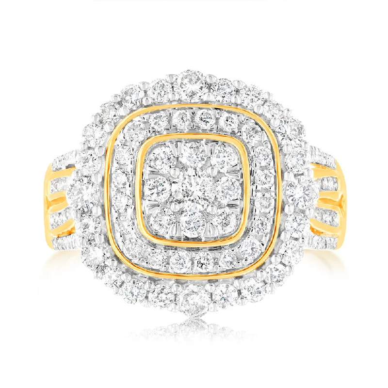 diamond engagement rings for women -9ct Yellow Gold 1 Carat Diamond Ring with 107 Round Brilliant and Baguette Diamonds