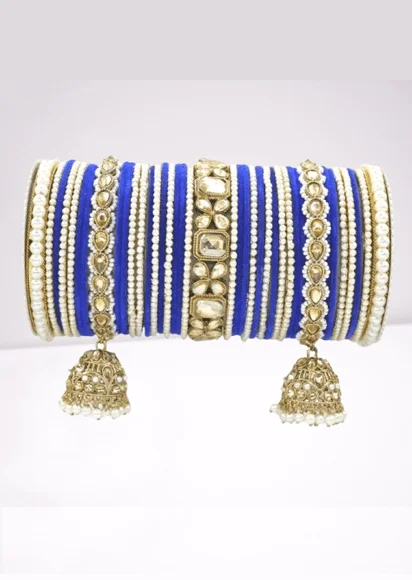 birthstone bangles for women -Blue & White Ethnic Alloy Pearl Bangles Set