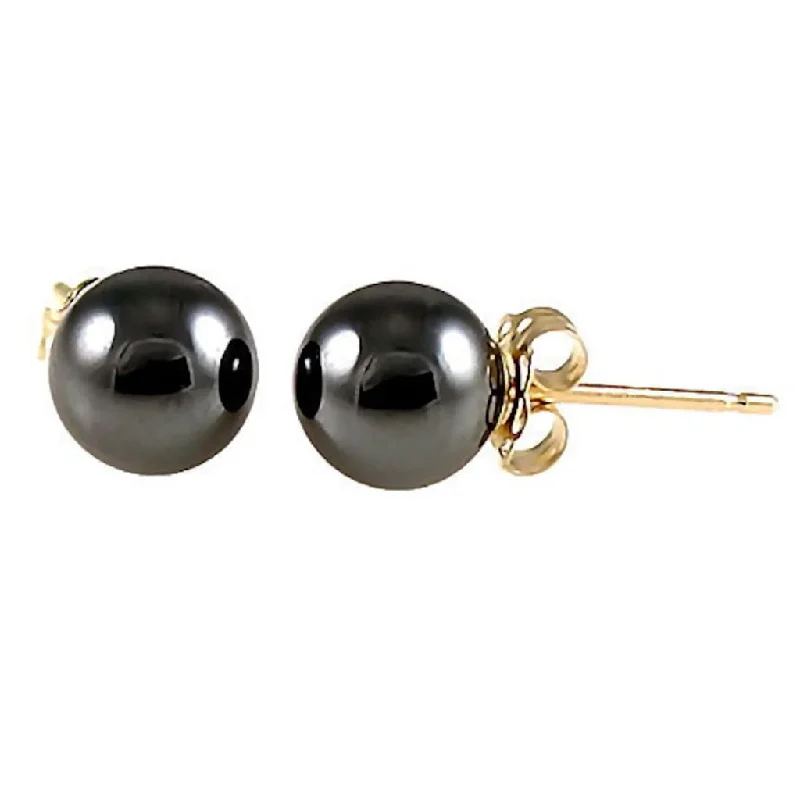 trendy earrings for women -6mm Black Hematine Ball Stud Earrings 14K Yellow Gold