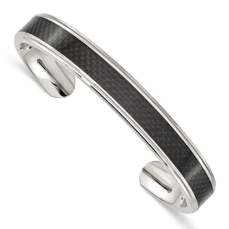 stylish bangles for women -Stainless Steel Polished Black Carbon Fiber Inlay Bangle