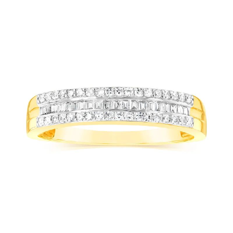 platinum engagement rings for women -9ct Yellow Gold 1/3 Carat Diamond Ring with Channel Set Baguettes and Claw Set Round Brilliant Side Diamonds