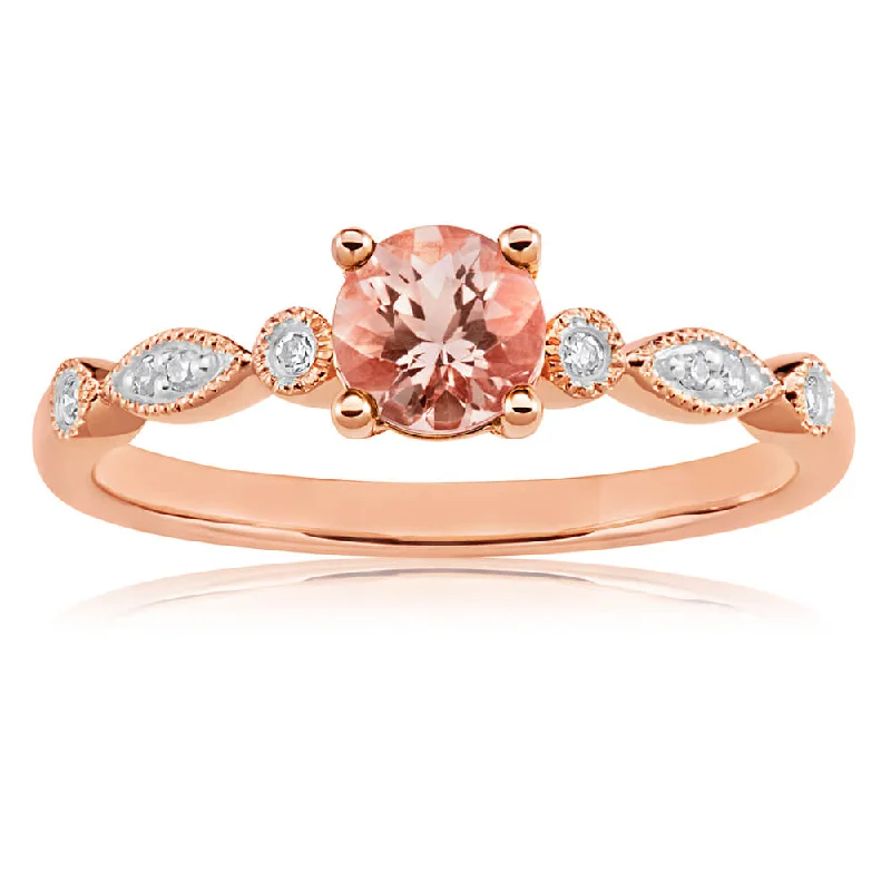 women’s wedding and engagement rings sets -9ct Rose Gold Round Cut 0.45ct Morganite and Diamond Ring