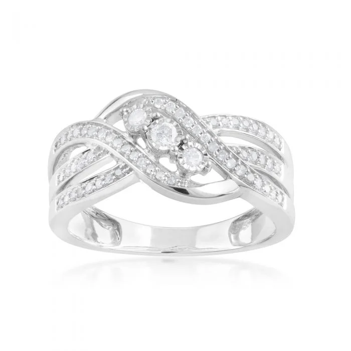 women’s art deco engagement rings -1/4 Carat Diamond Ring with 3 Offset Feature Diamonds Ring in Sterling Silver