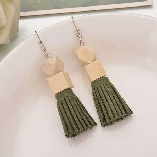 women’s clip-on earrings -Wooden Tassel Style Earrings - Green