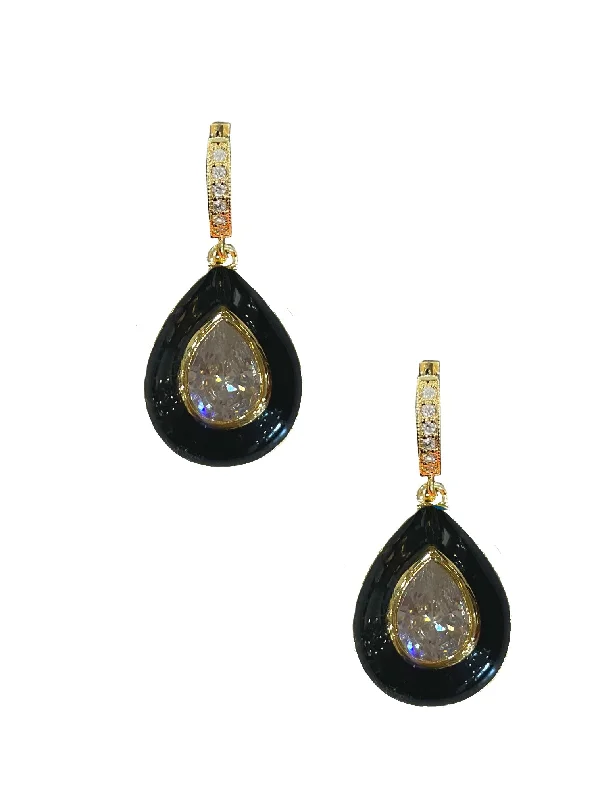 women’s simple stud earrings -Black Enamel Bezel Teardrop Huggies