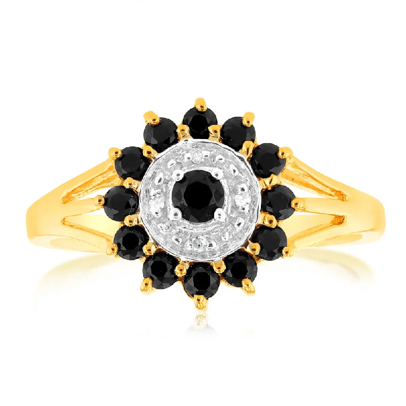 custom bridal engagement rings -Natural Dark Round Sapphire & Diamond Ring in 9ct Yellow Gold