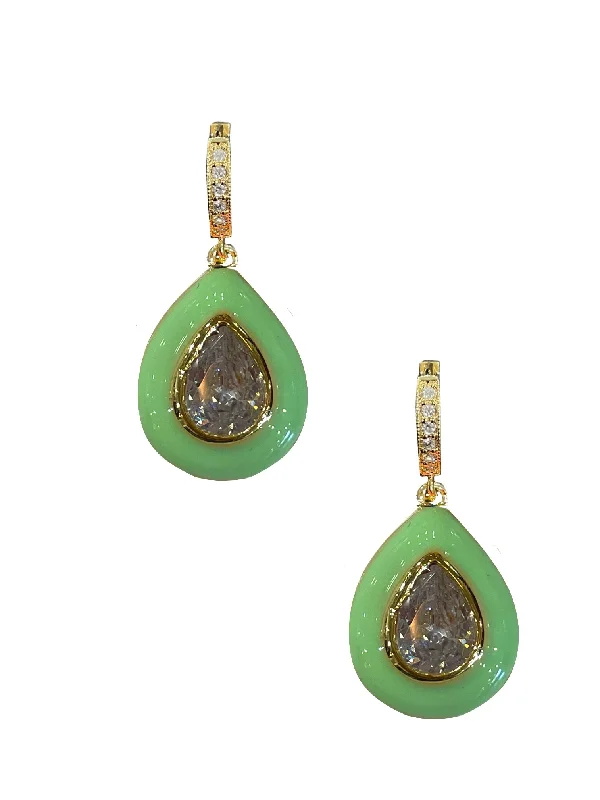 women’s cute earrings -Mint Enamel Bezel Teardrop Huggies