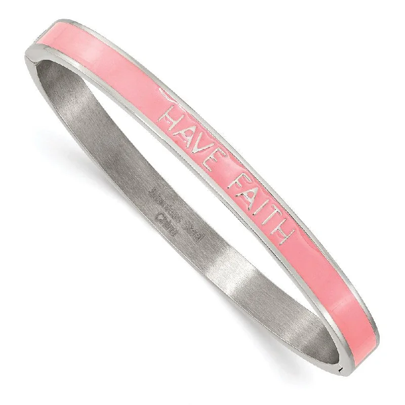 pearl bangles for women -Stainless Steel Polished Pink Enamel HAVE FAITH 6mm Hinged Bangle