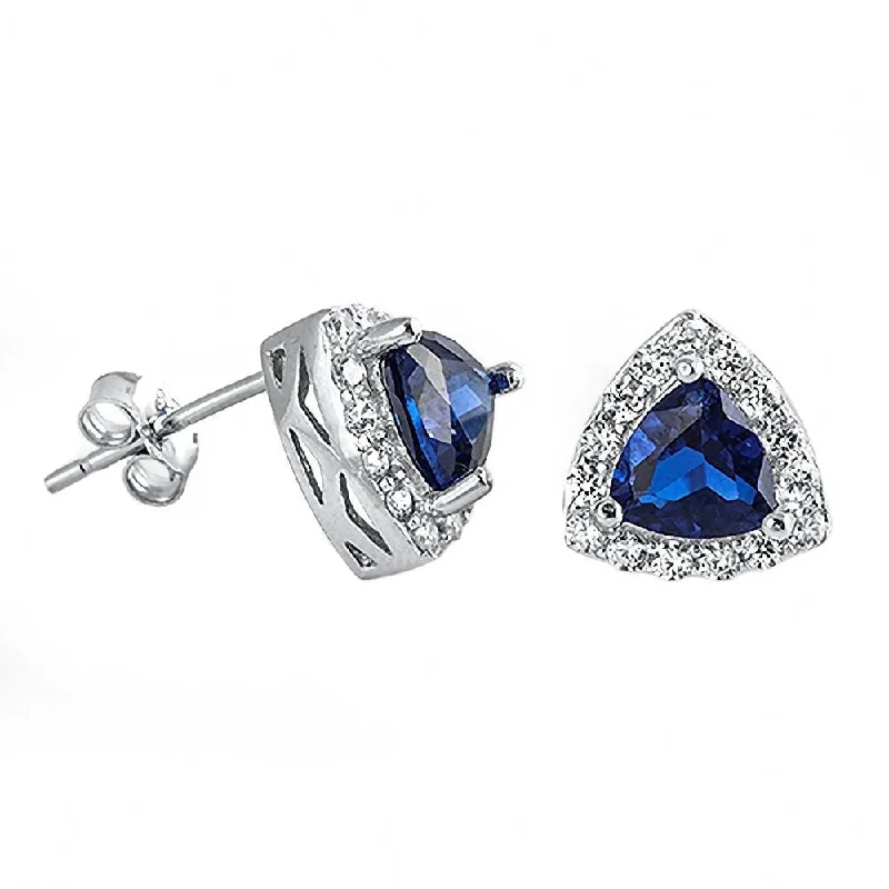 women’s vintage earrings -Lainey: created Blue Sapphire Trillion cut & IOF CZ Halo Earrings