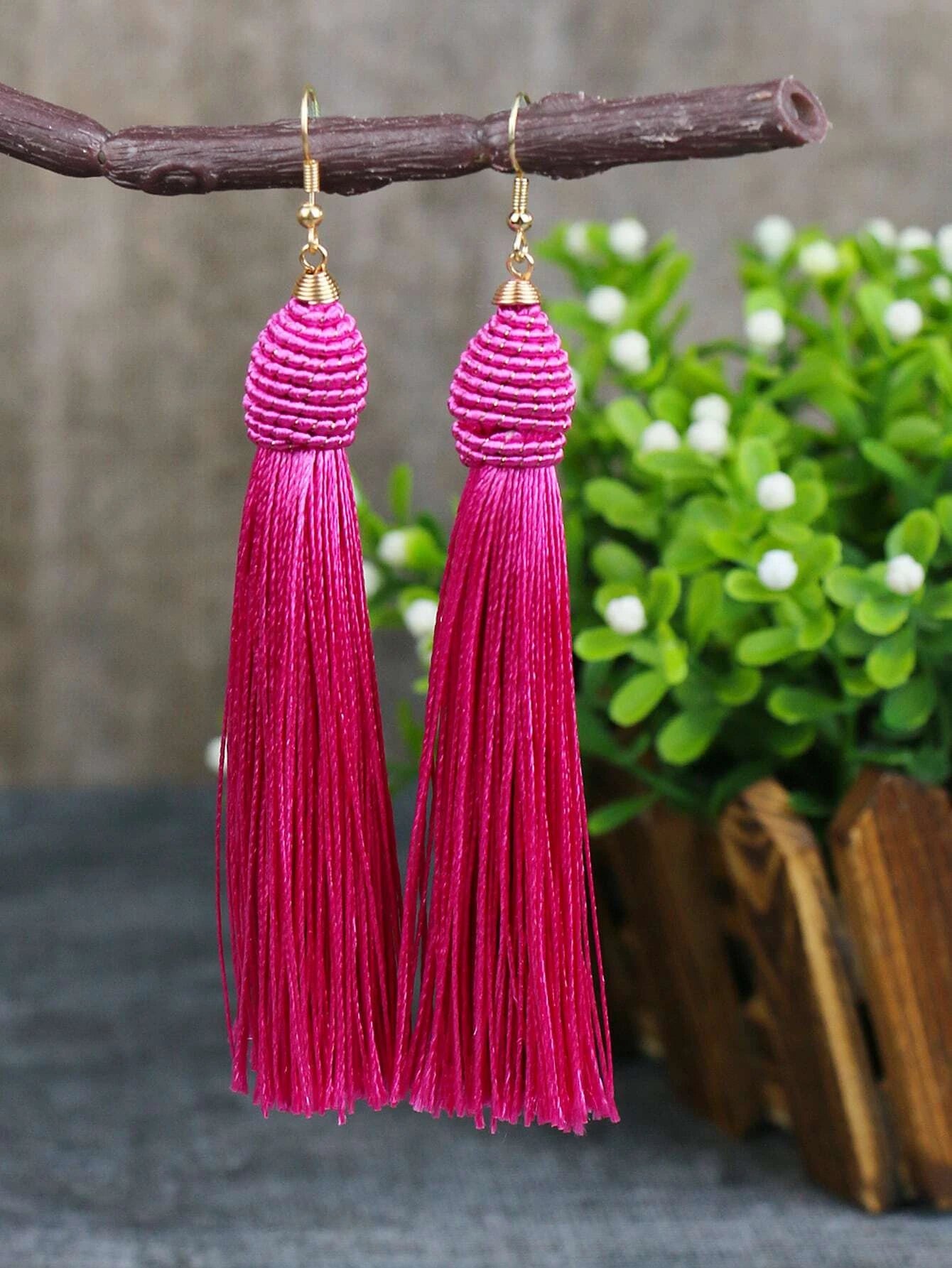 women’s minimal earrings -Pink Woven Tassel Style Earrings