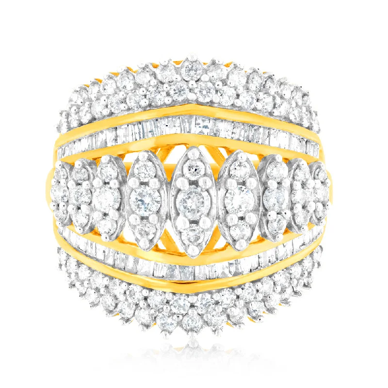 women’s gold engagement rings -10ct Yellow Gold 2 Carat Diamond Ring with Taper and Round Brilliant Cut Diamonds