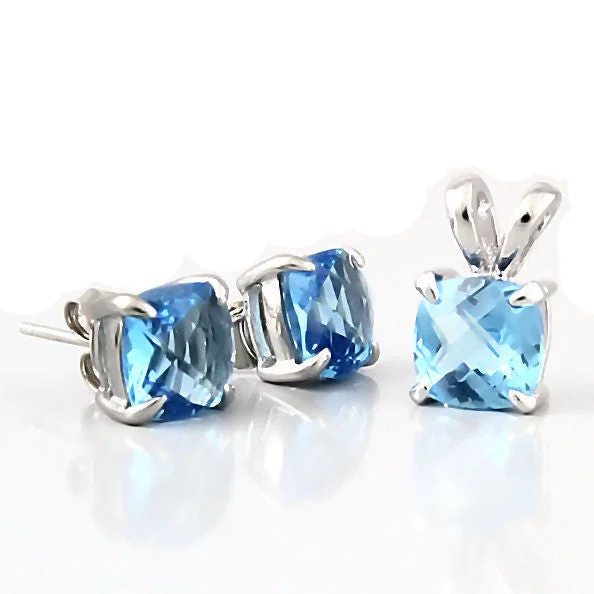 designer earrings for women -Elena: Cushion Cut Blue Topaz Crystal Pendant & Earrings Set Silver