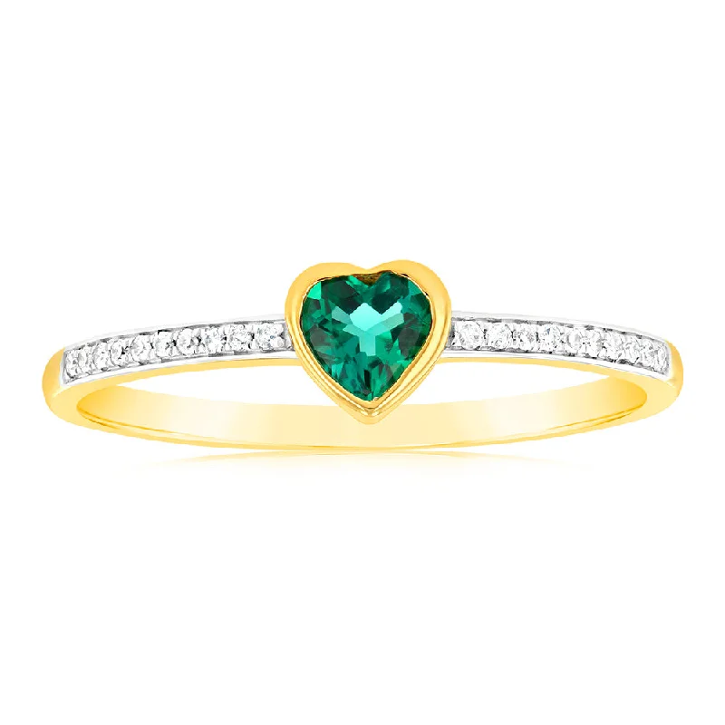 emerald cut engagement rings for women -Created Emerald & Heart Shaped Diamond Ring in 9ct Yellow Gold