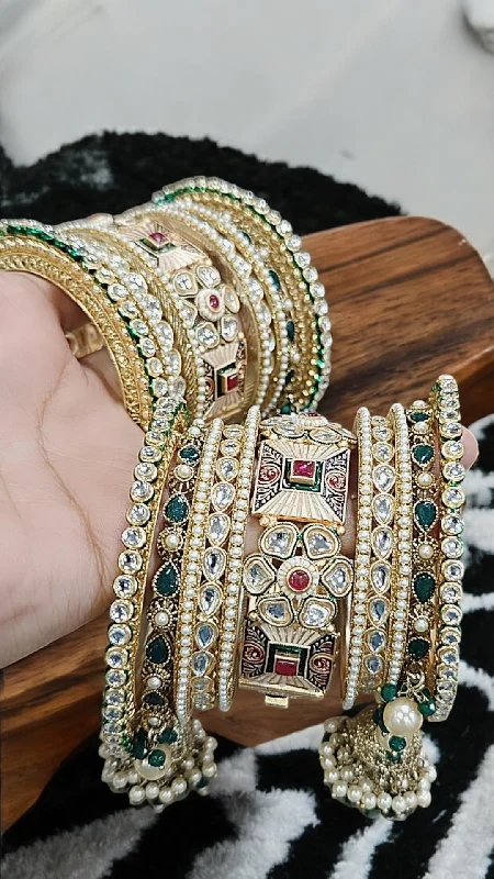 women’s stretch bracelets -Rajsthani Rajwadi Pearl Kundan Kangan Chura Set, Rajwadi Kadas, Rajsthani Pearl Chura, Indian Rajwadi Bangle, Indian Kadas Set, Bridal Tradtional Chura Set, Rajwadi Bangles Jewellery