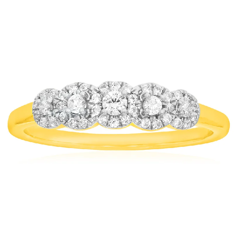 platinum engagement rings for women -9ct Yellow Gold Diamond Ring with 5 Briliiant Diamonds surrounded by Diamond Halos