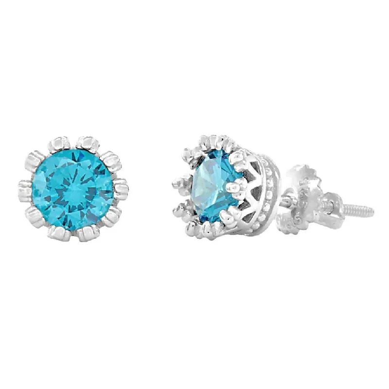 personalized earrings for women -Adria: 6mm, 1.5ct Swiss Blue Topaz CZ Crown Set Screw Back Earrings