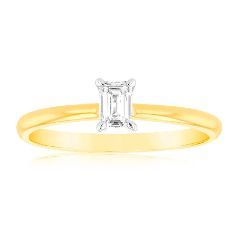 women’s customized engagement rings -Luminesce Lab Grown 9ct Yellow Gold 1/4 Carat Emerald Cut Solitaire Diamond Ring