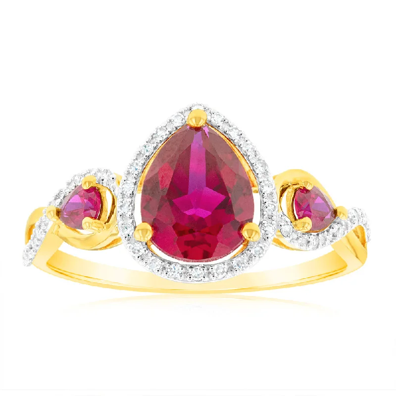 women’s large gemstone engagement rings -9ct Yellow Gold Created Ruby and 1/10 Carat Diamond Ring