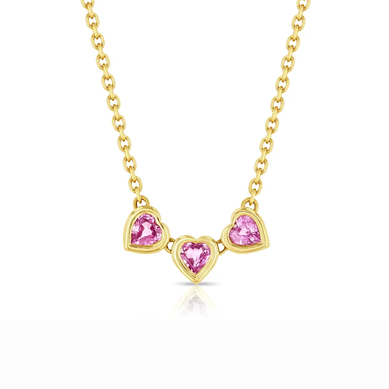 bridal statement necklaces -Pink Sapphire Trio Heart Necklace