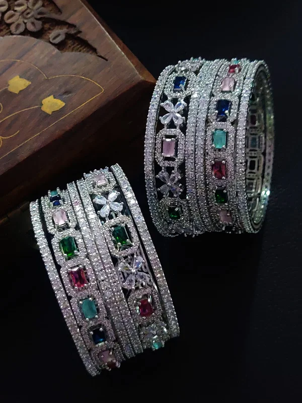 women’s party bangles -American Diamond Bangle Set Geometric Patterns And Floral Motifs Makes Luxurious Eye Catching Effect For Bridal