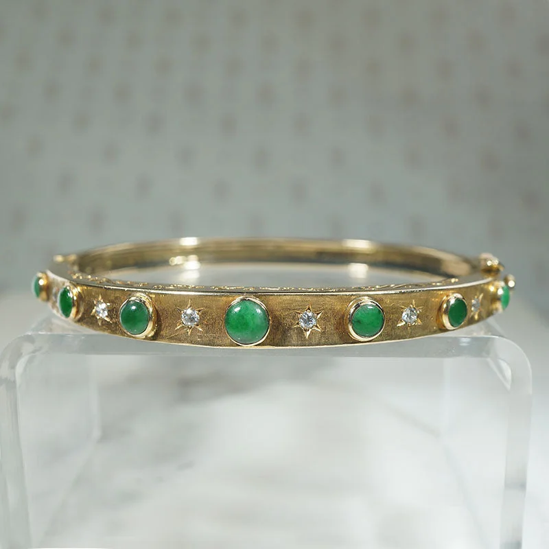 boho bangles for women -Mid-Century Jade & Diamond-Set Gold Bangle