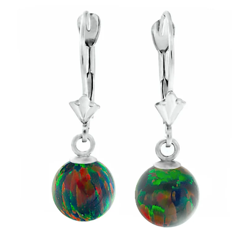 women’s ear piercings -Aurora: Black Created Australian Opal Ball Drop Leverback Earrings 14K White Gold