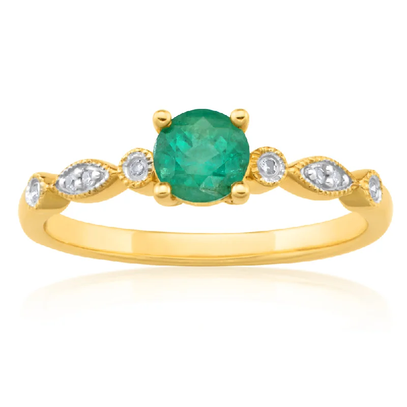 elegant engagement rings for women -9ct Yellow Gold 0.53ct Natural Emerald and Diamond Ring