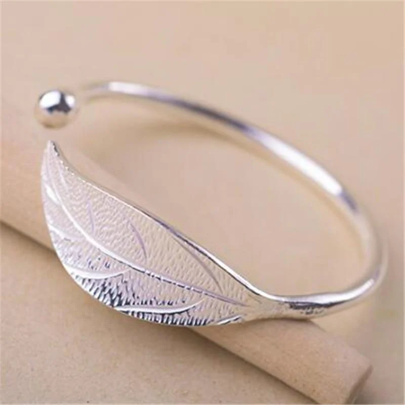 simple bracelets for women -Plated Leaf Charm Bangle