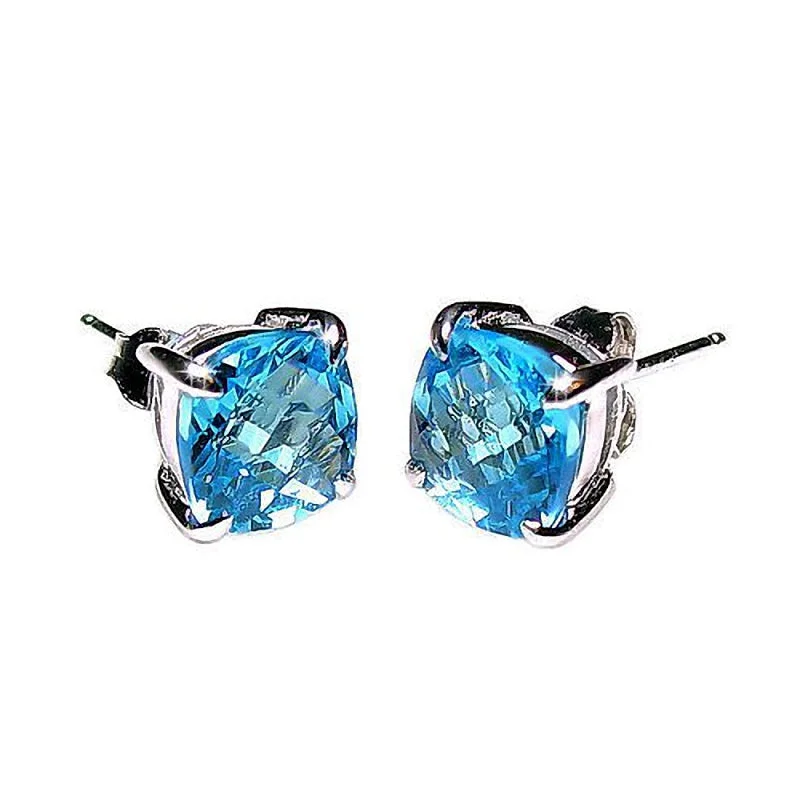 silver stud earrings for women -Elena: 5.8 cttw 8mm Simulated Swiss Blue Topaz Cushion Cut Stud Earrings Silver