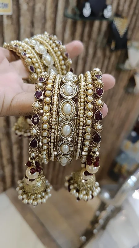 women’s gold bracelets -Elegant Pakistani Crystal Bridal Bangles Jhumka Set