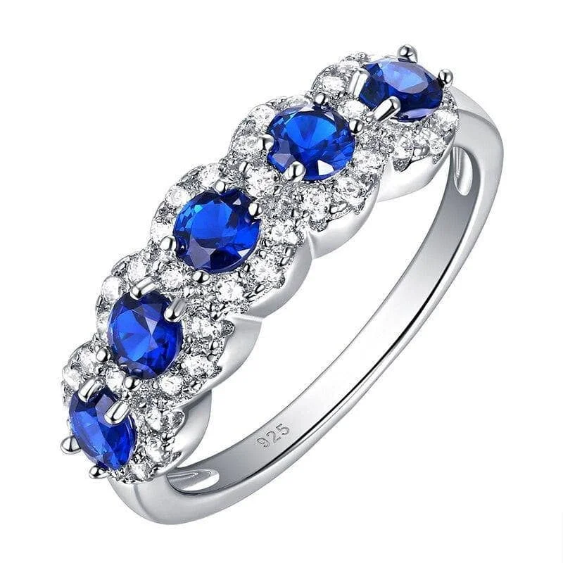 gold rings for women -Round Blue Diamond Eternity Wedding Bands