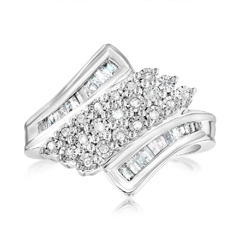 women’s engagement rings with side stones -Sterling Silver 1/3 Carat Diamond Ring With Round and Baguette Cut Diamonds