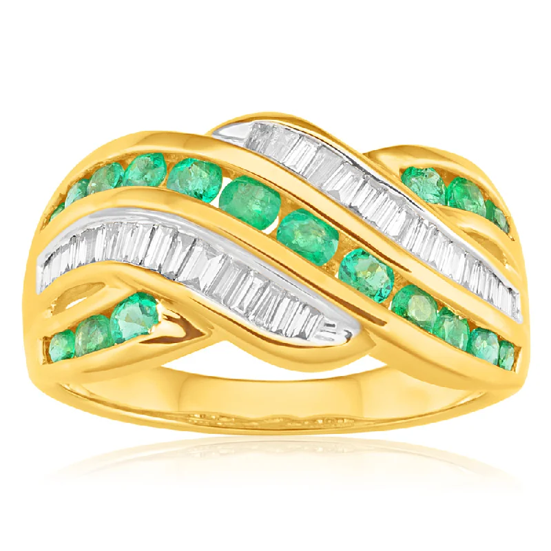 engagement rings with colored gemstones -9ct Yellow Gold 0.73ct Natural Emerald and 0.30 Carat Diamond Ring