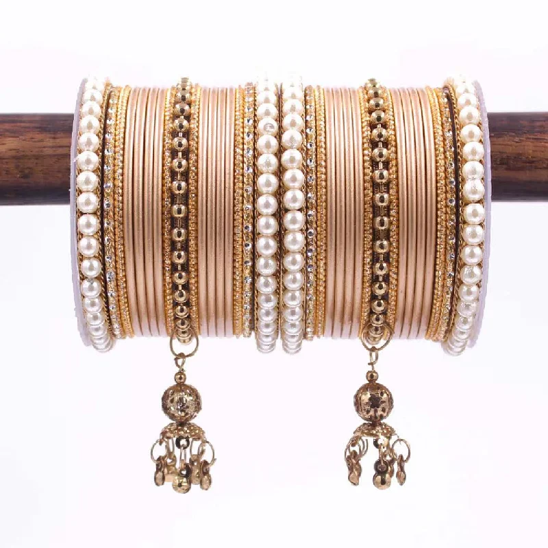 women’s engraved bangles -Indian bangle set , Bridal bangles, Metal bangles, Traditonal wedding jewelry, Brass Metal and Pearl Bridal Bangle Set with Jhumki