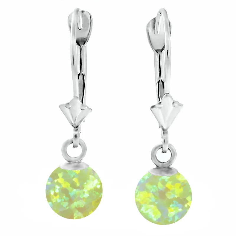 luxury earrings for women -Aileen: Lime Green Created Australian Opal Ball Drop Leverback Earrings 14K White Gold