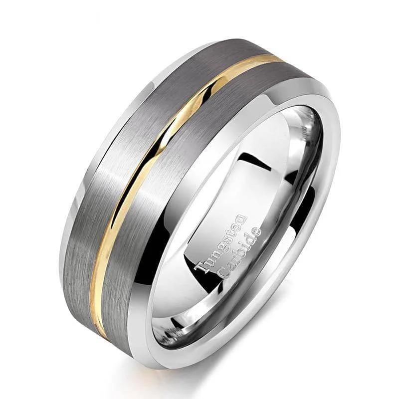 women’s custom birthstone rings -Men's Wedding Band Tungsten Carbide Yellow Line 8mm