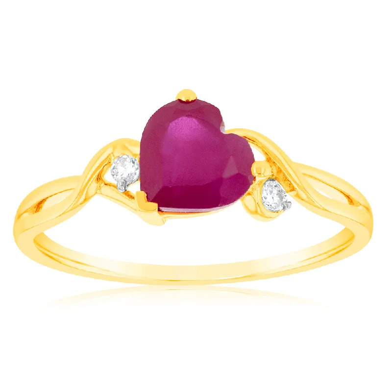 women’s vintage platinum engagement rings -9ct Yellow Gold 7mm Created Heart Ruby And Diamond Ring