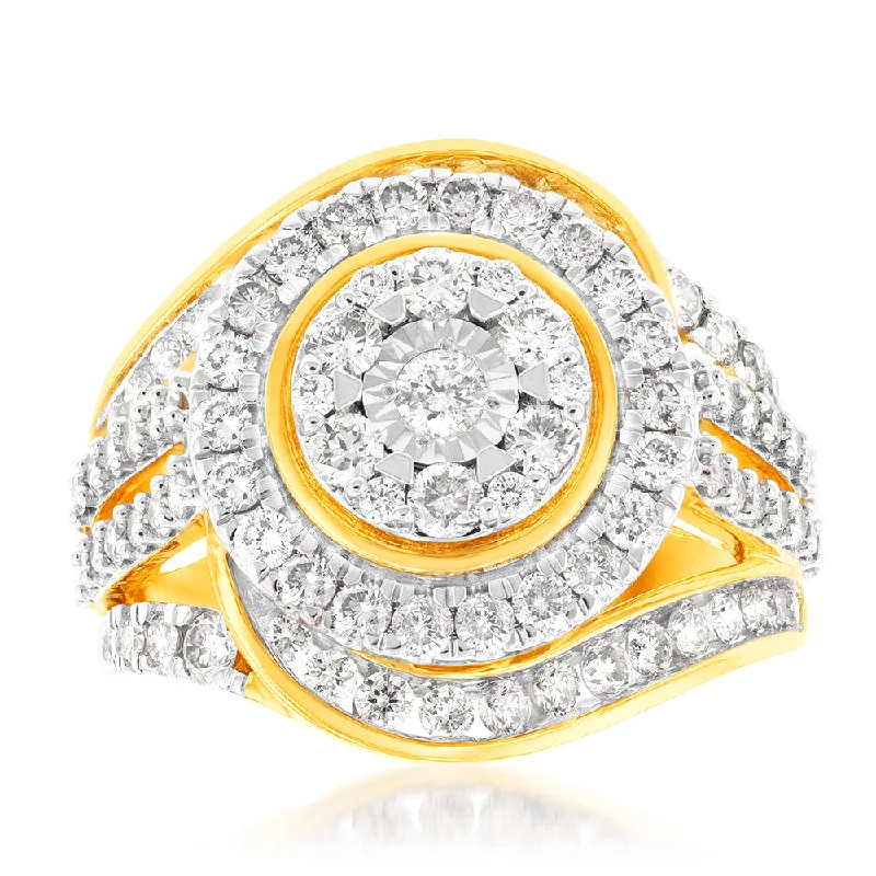 wedding and engagement ring sets -9ct Yellow Gold 2 Carat Diamond Ring with 99 Brilliant Cut Diamonds