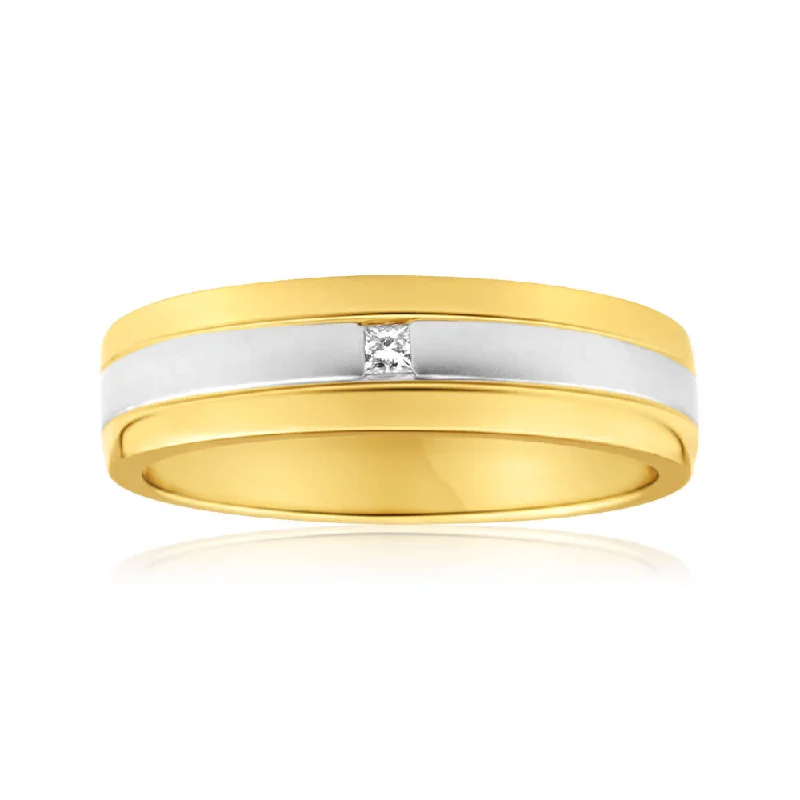 women’s gold engagement rings -9ct Yellow Gold & White Gold Grooved Mens Diamond Ring