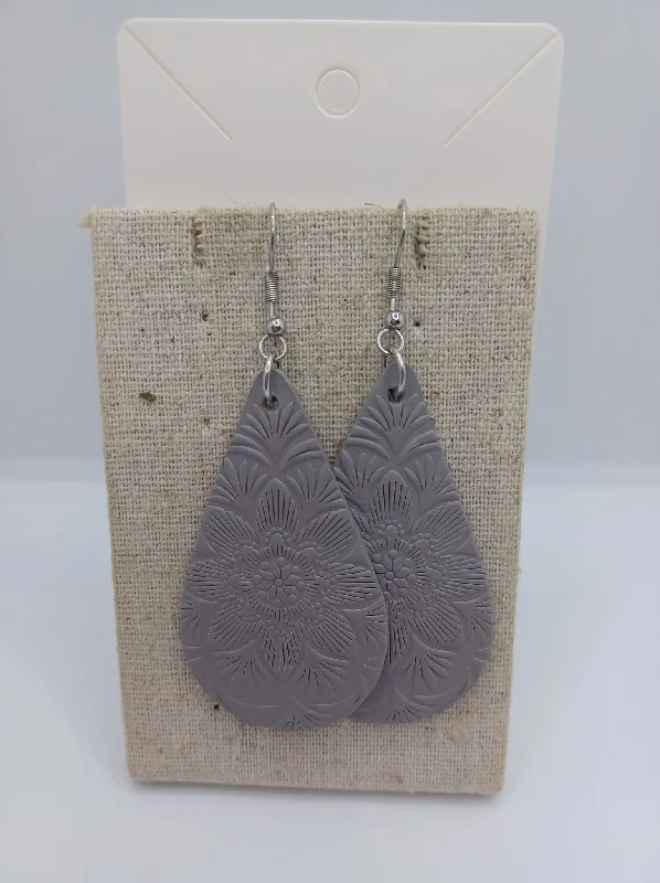 women’s gold earrings -Grey Leather Style Floral Embossed Earrings