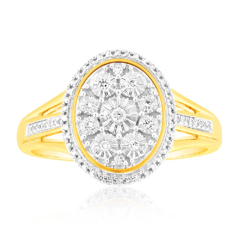 affordable sapphire engagement rings -9ct Yellow Gold 1/10 Carat Diamond Ring set with 64 Round Brilliant Cut Diamonds