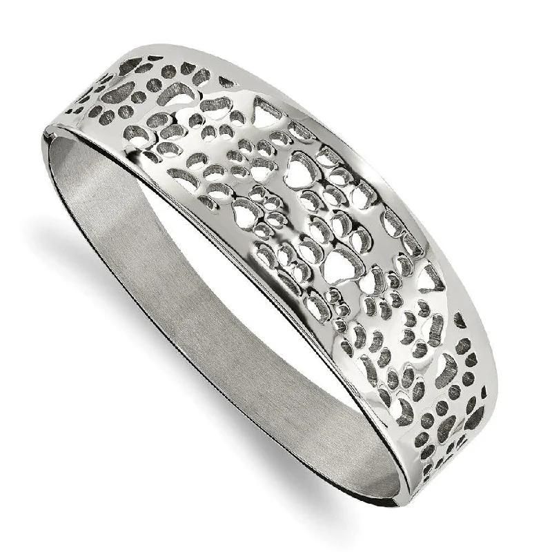 silver bangles for women -Stainless Steel Polished Paw Print Cut-out Hinged Bangle