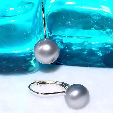 women’s hoop earrings with pearls -8mm Cultured Gray Pearl Cup Leverback Earrings 925 Silver