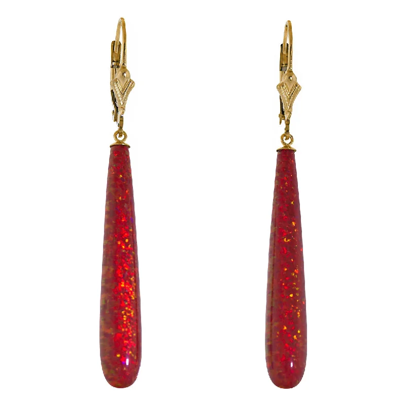 women’s statement drop earrings -Ginger: 35mm Flame Red Created Opal Teardrop Lever Back Earrings Gold Filled