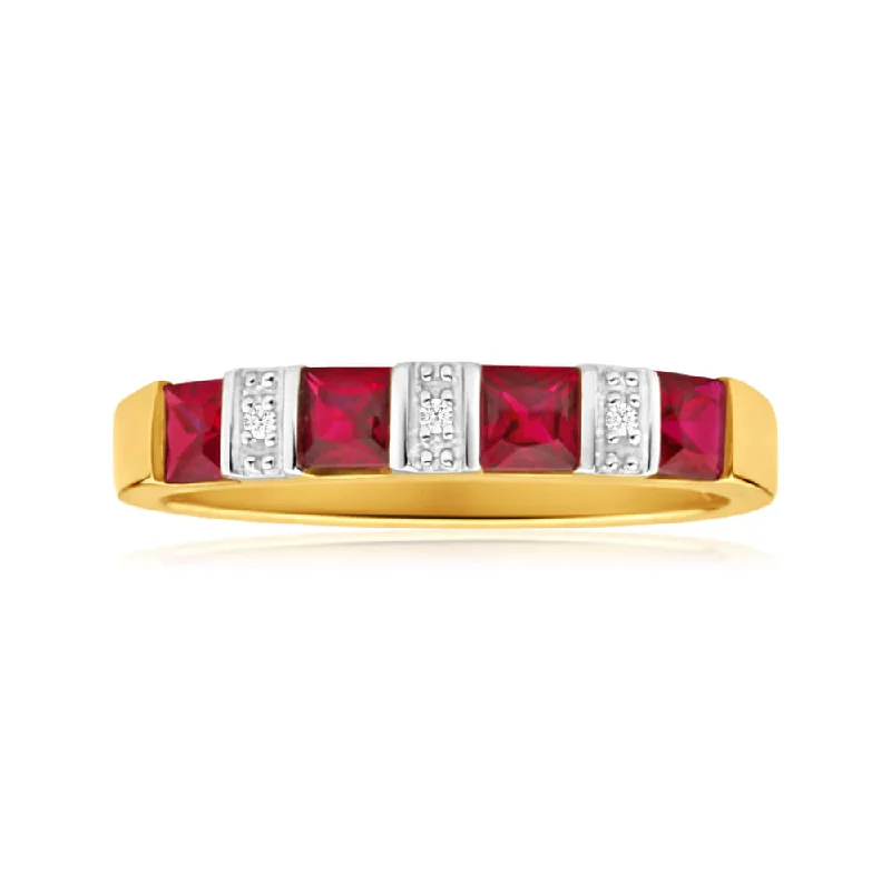 affordable platinum engagement rings -9ct Yellow Gold 4 Created Ruby Diamond Ring