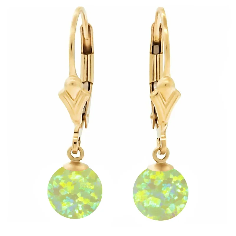 gemstone earrings for women -Aileen: Lime Green Created Australian Opal Ball Drop Leverback Earrings 14-20 Gold Filled