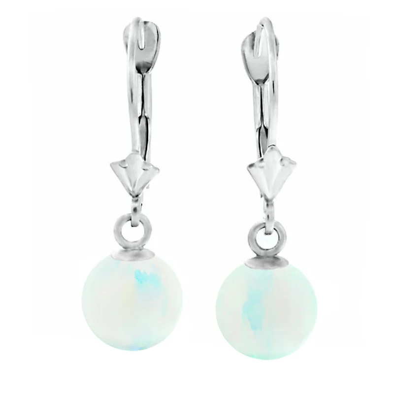 unique hoop earrings for women -Lorraine: White Created Australian Opal Ball Drop Leverback Earrings 14K White Gold