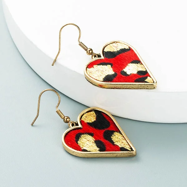 women’s statement drop earrings -Red Leopard Faux Fur Heart Shaped Earrings