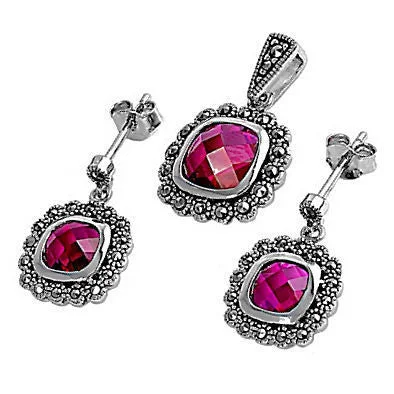 women’s boho stud earrings -Bella: Cushion Cut Burmese Ruby & Marcasite Pendant & Earrings Set