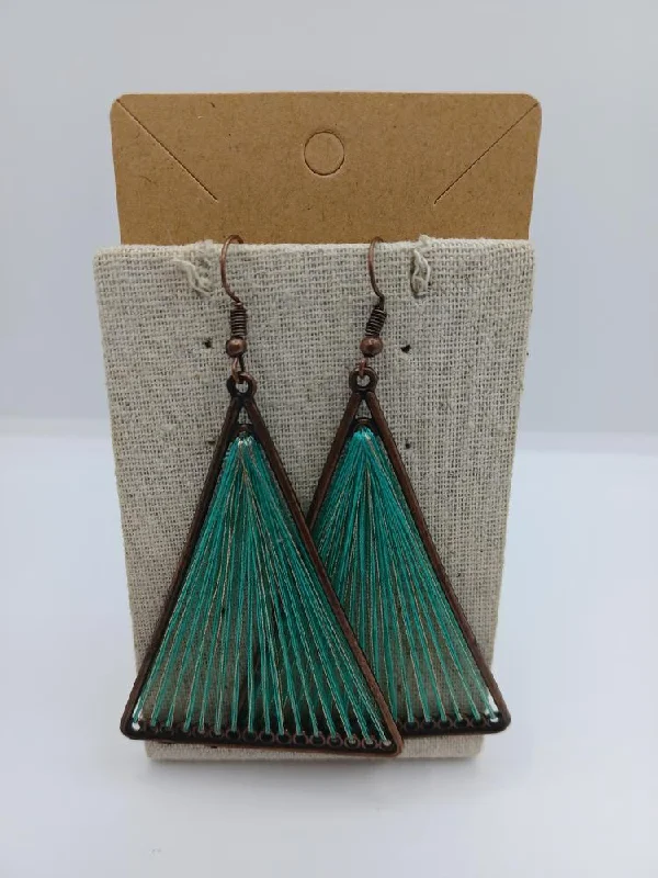 colorful drop earrings for women -Brass Triangle Shaped Earrings w/ Green Threaded Detail